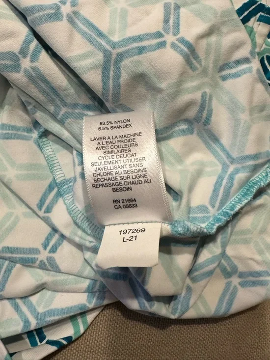 Foxcroft - Geometric V-Neck - Tunic Dress Cover Up - Teal, White, Navy - Large - Picture 13 of 15